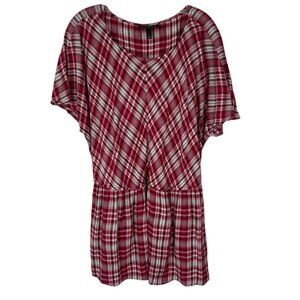 Lane Bryant Blouse Womens Size 20 Red Brown Plaid Back Tie Summer